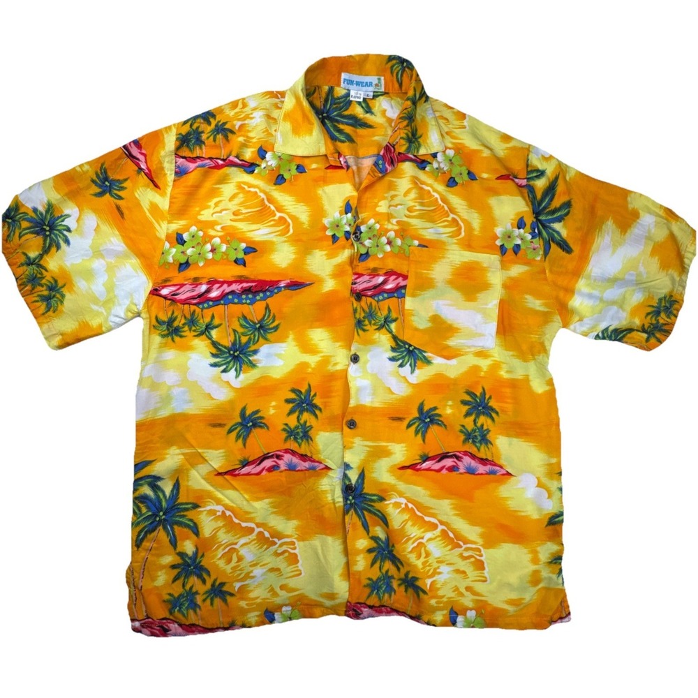 Fun-Wear Hawaiian Shirt Tropical Palm Tree Sunset Rayon Button Down Large Orange